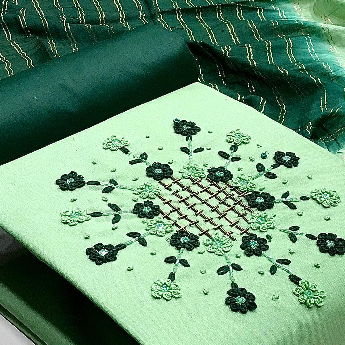 Pista Green Casual Wear Thread & Embellished Khatli Work Cotton Dress Material - Peachmode