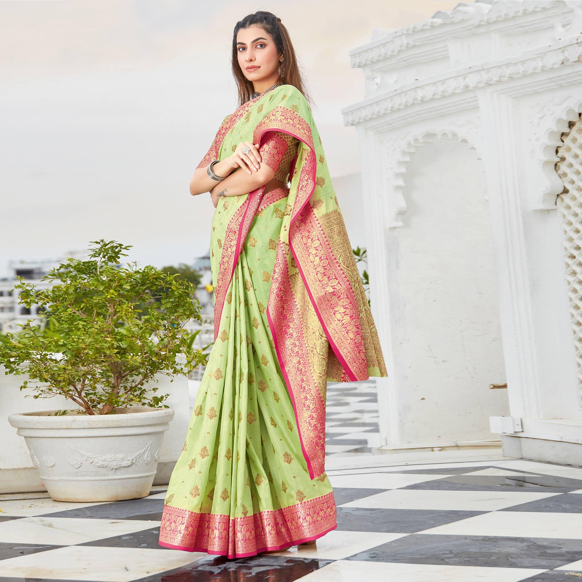 Pista Green Casual Wear Woven Cotton Handloom Saree - Peachmode