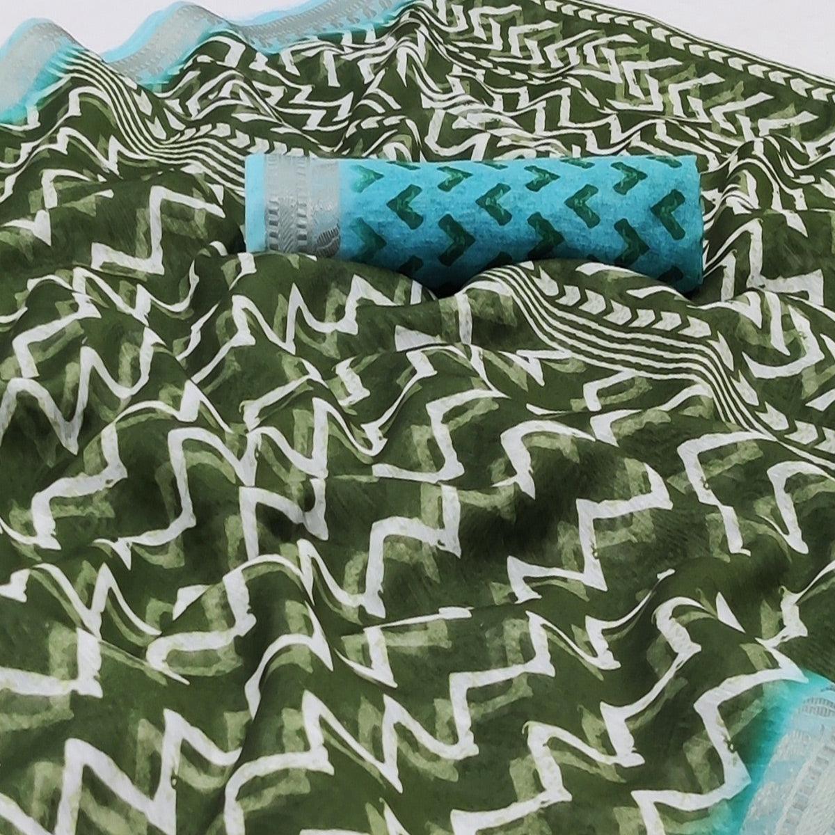 Pista Green Casual Wear Zigzag Digital Printed Linen Saree - Peachmode