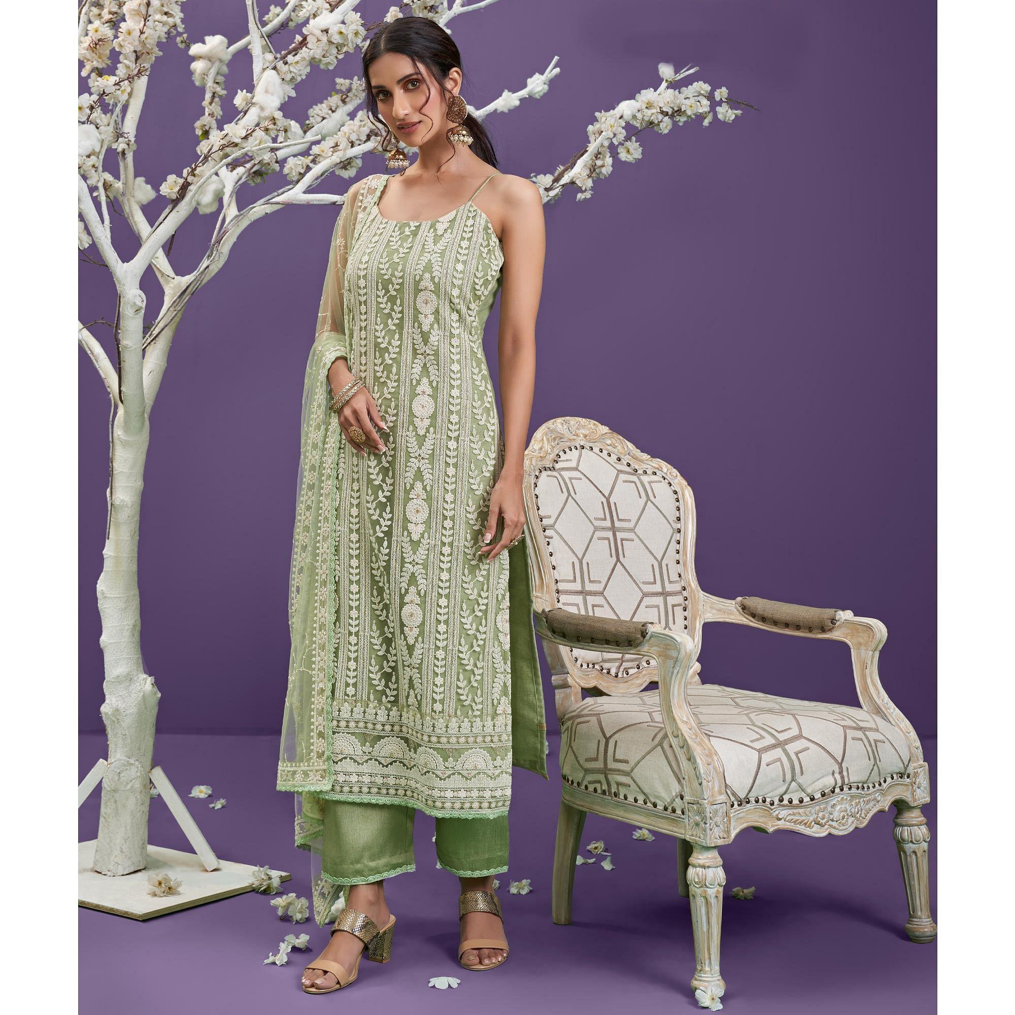 Pista Green Cotton Thread Embroidery With Sequence Net Partywear Suit - Peachmode