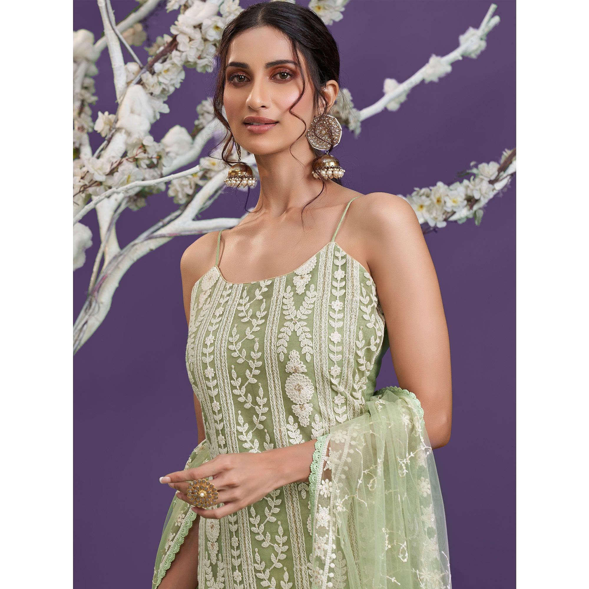 Pista Green Cotton Thread Embroidery With Sequence Net Partywear Suit - Peachmode