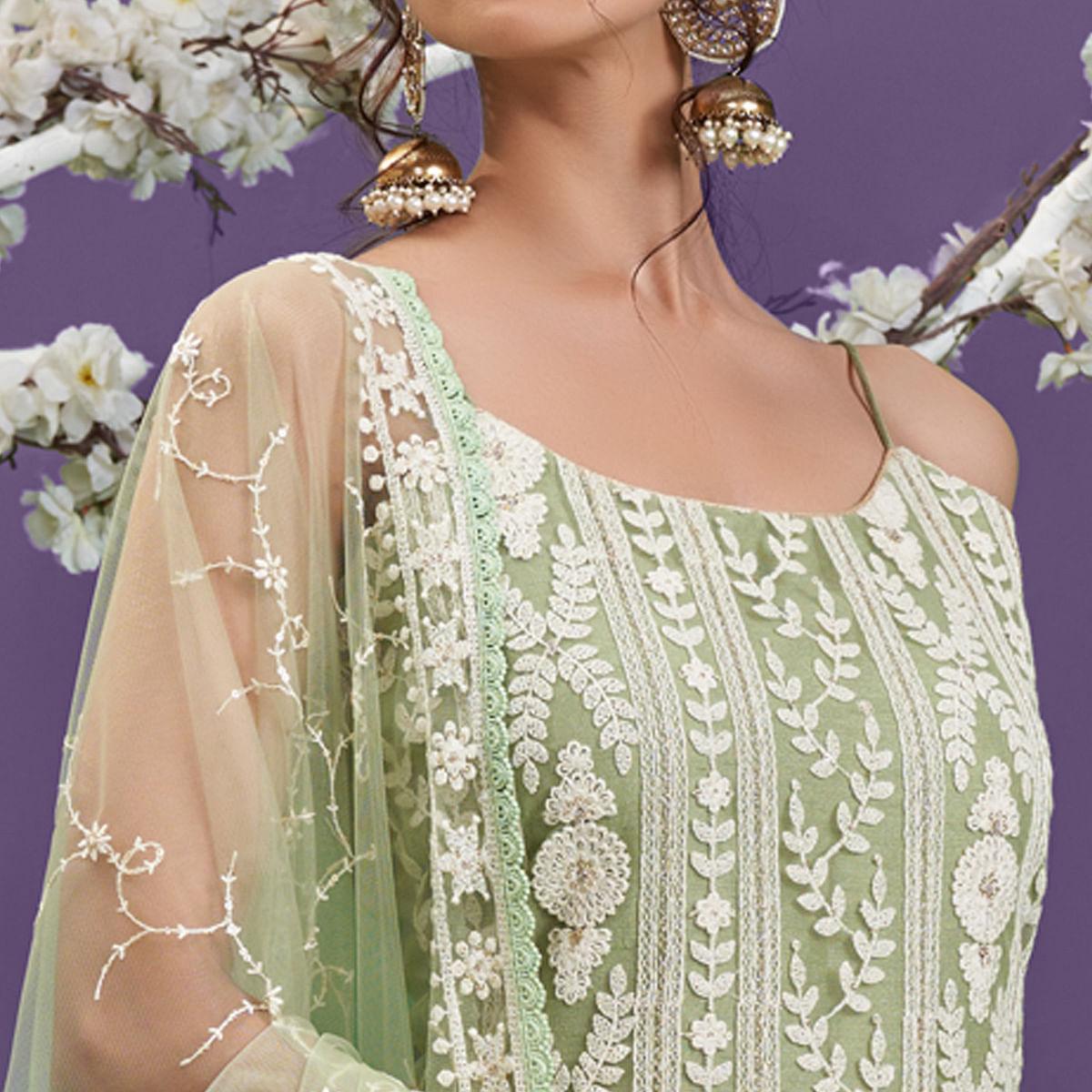 Pista Green Cotton Thread Embroidery With Sequence Net Partywear Suit - Peachmode