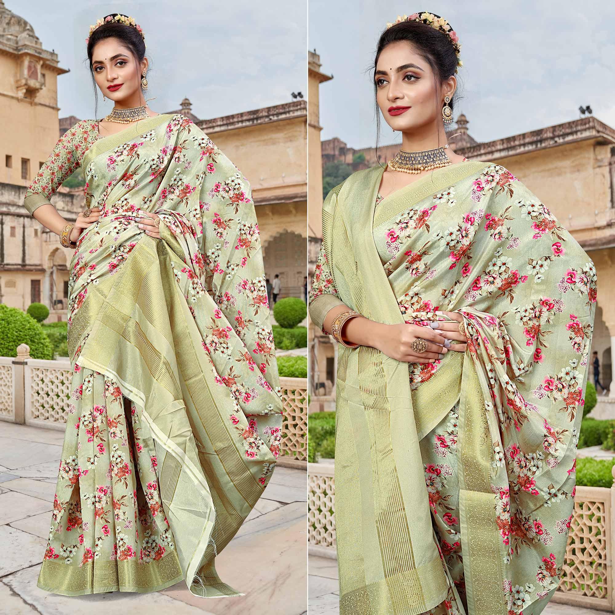Pista Green Digital Printed Dola Silk Saree - Peachmode