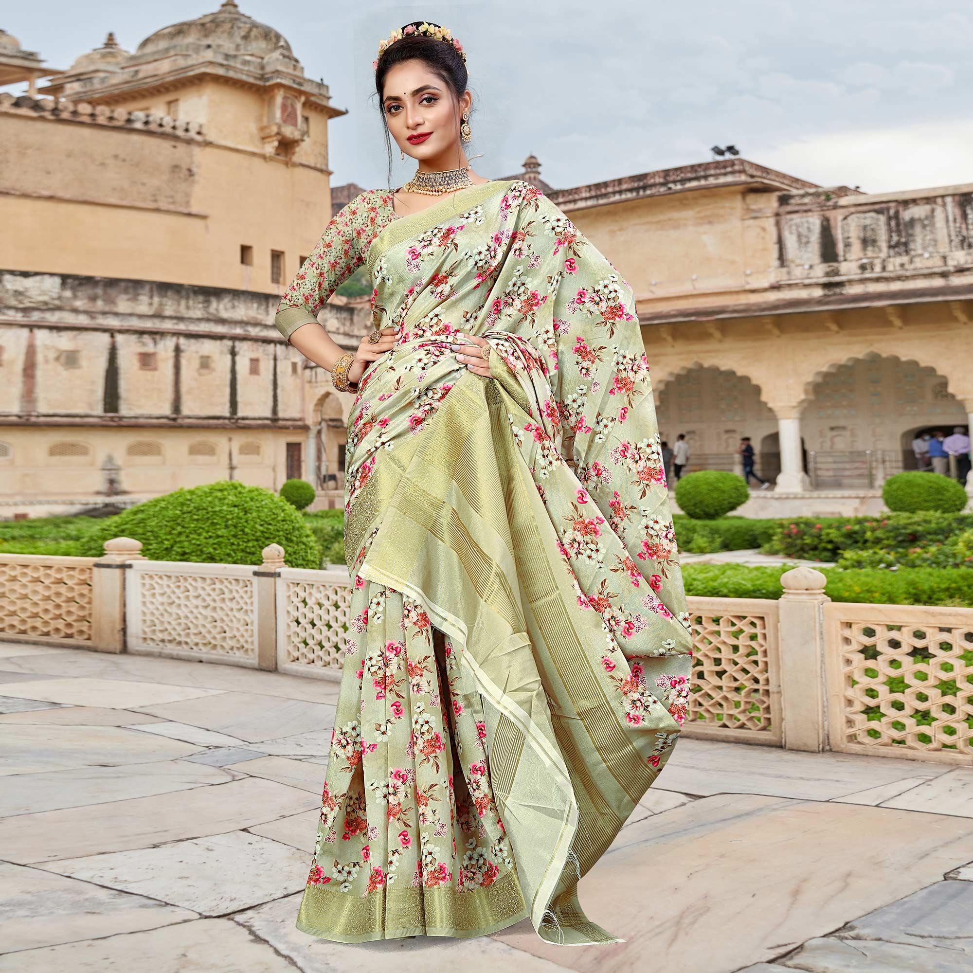 Pista Green Digital Printed Dola Silk Saree - Peachmode