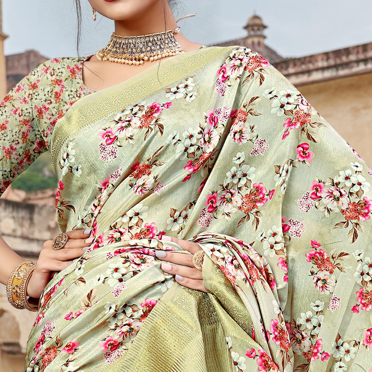 Pista Green Digital Printed Dola Silk Saree - Peachmode