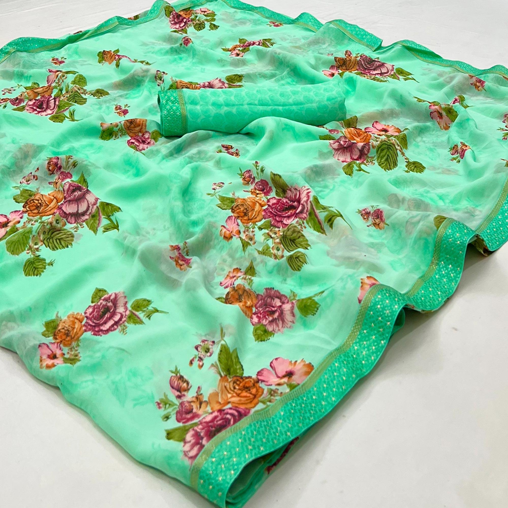 Pista Green Digital Printed Georgette Saree - Peachmode