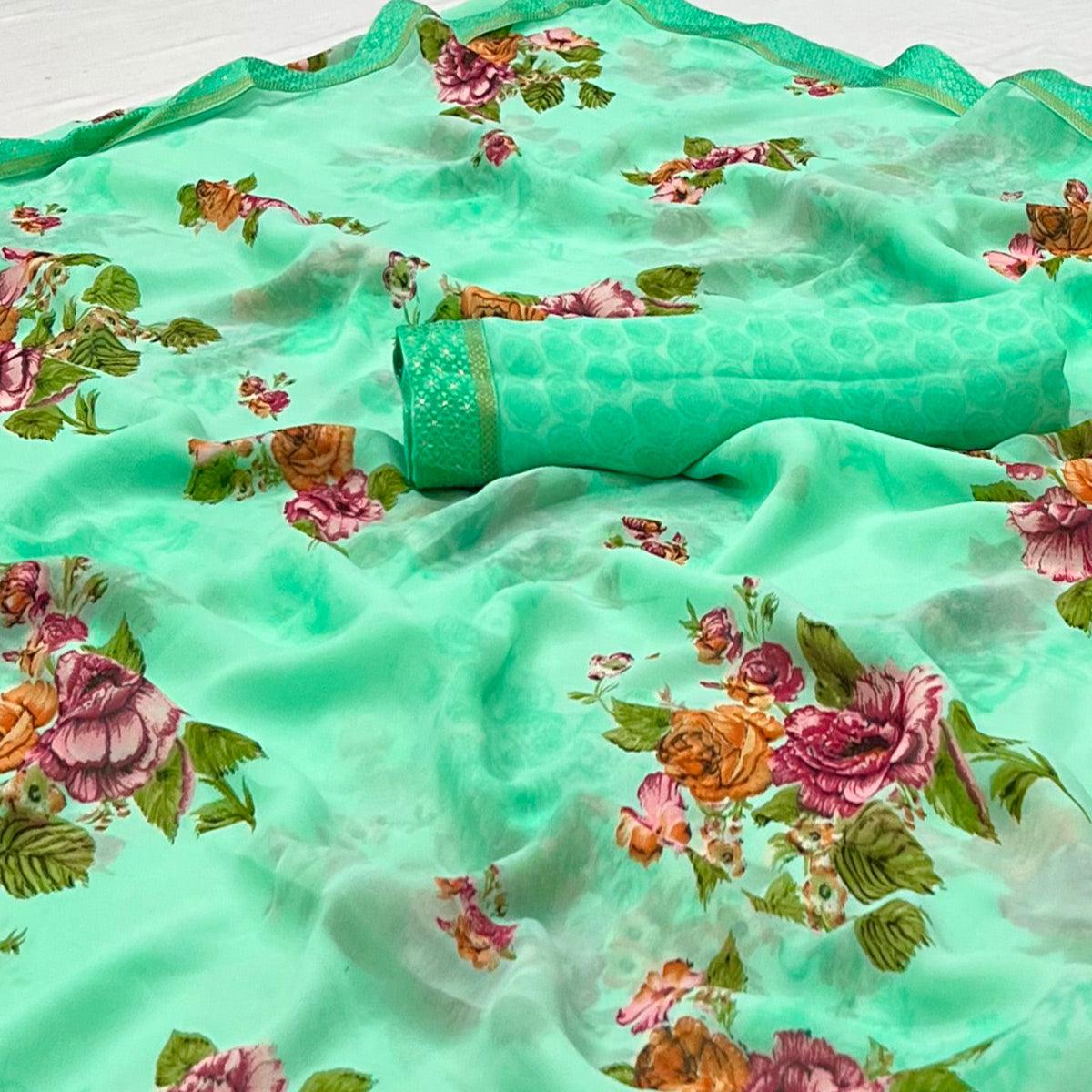 Pista Green Digital Printed Georgette Saree - Peachmode