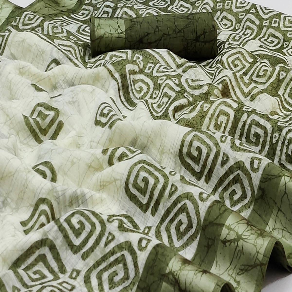 Pista Green Digital Printed Linen Saree - Peachmode