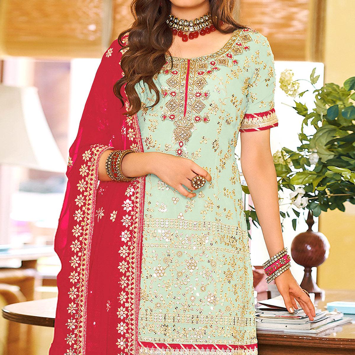 Pista Green Embellished With Embroidered Georgette Sharara Suit - Peachmode