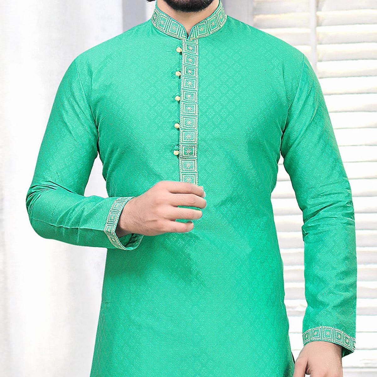 Pista Green Embroidered Art Silk Mens's Kurta Pyjama Set - Peachmode