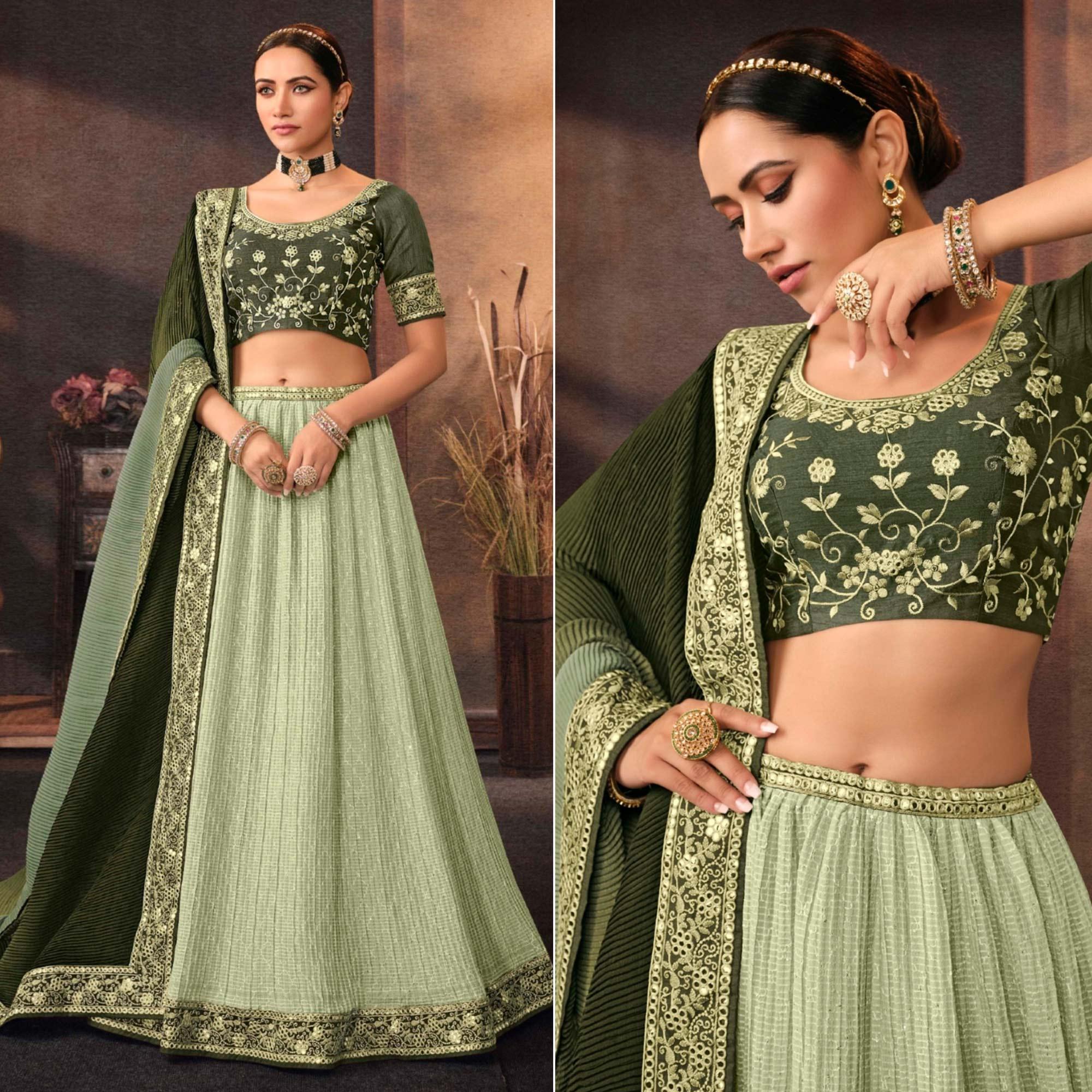 Pista Green Embroidered Chiffon Lehenga Choli - Peachmode