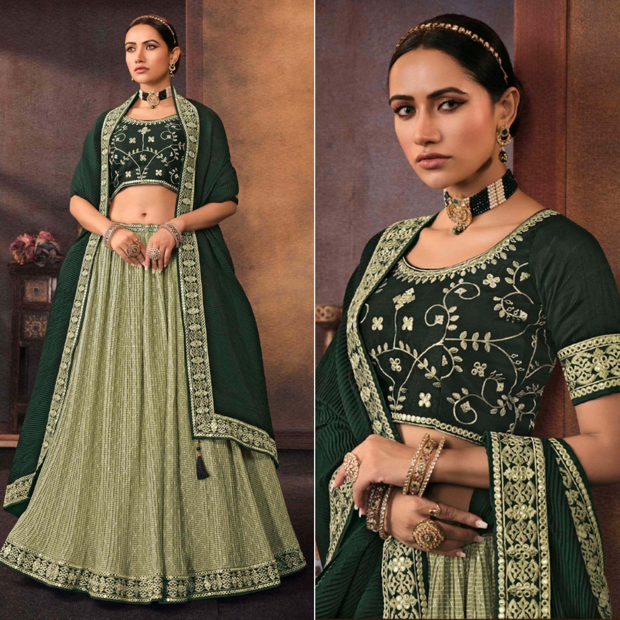 Pista Green Embroidered Chiffon Lehenga Choli - Peachmode