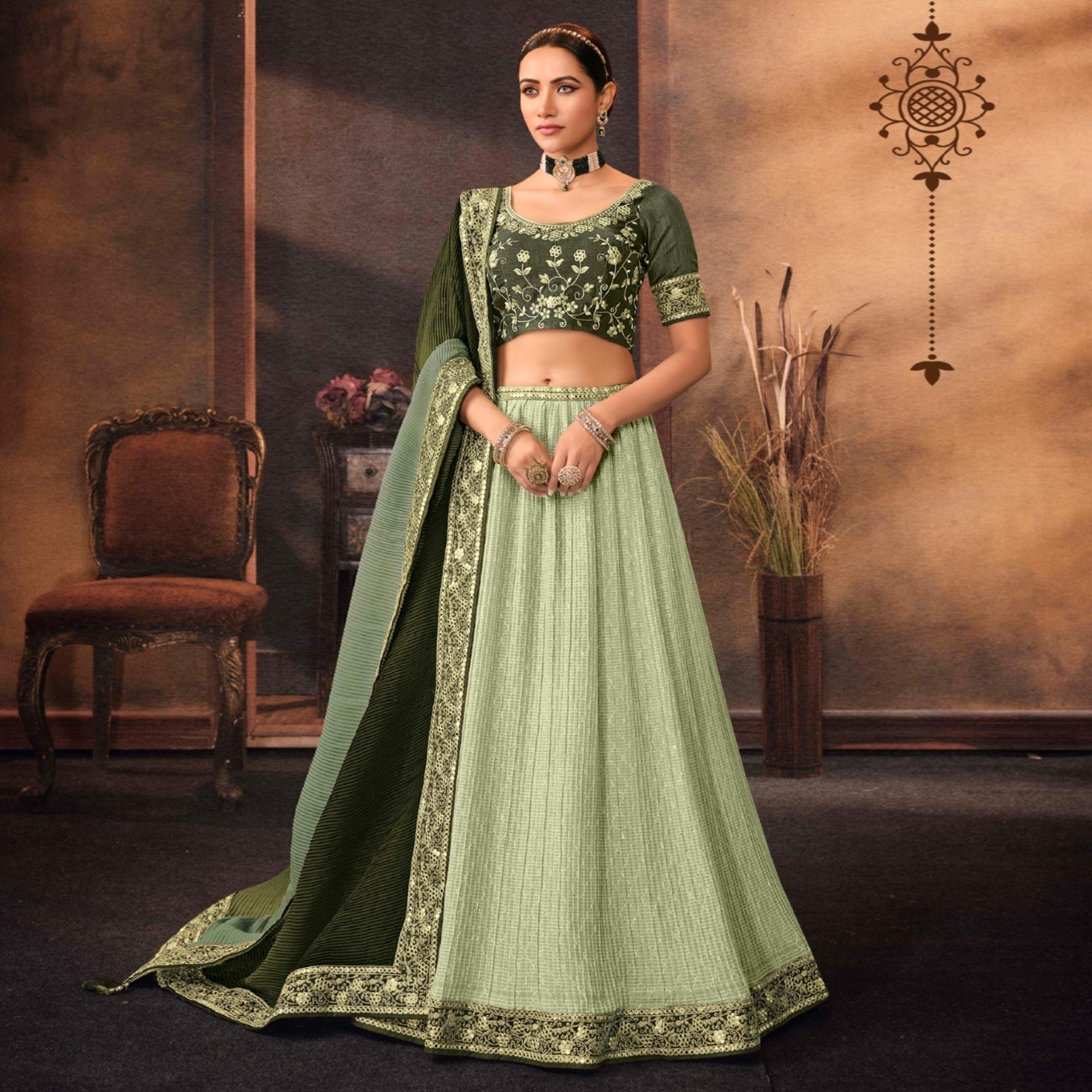 Pista Green Embroidered Chiffon Lehenga Choli - Peachmode
