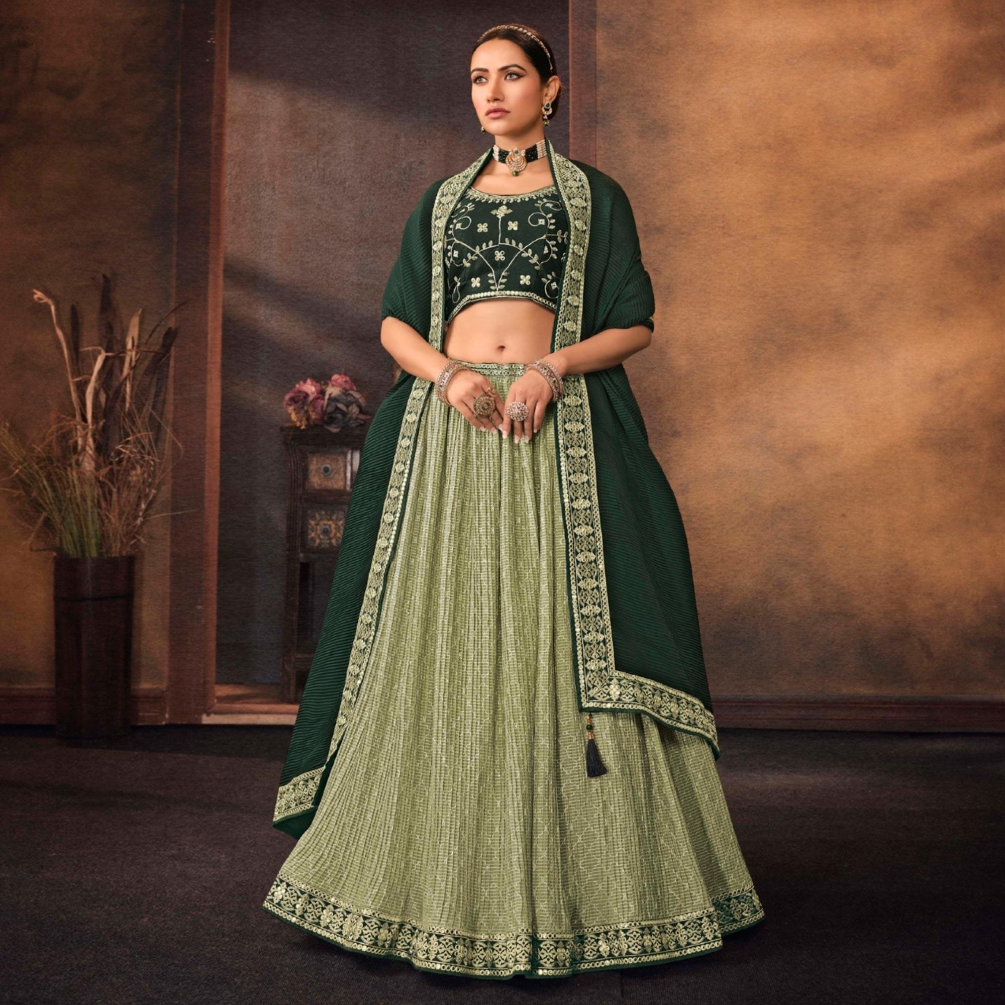 Pista Green Embroidered Chiffon Lehenga Choli - Peachmode