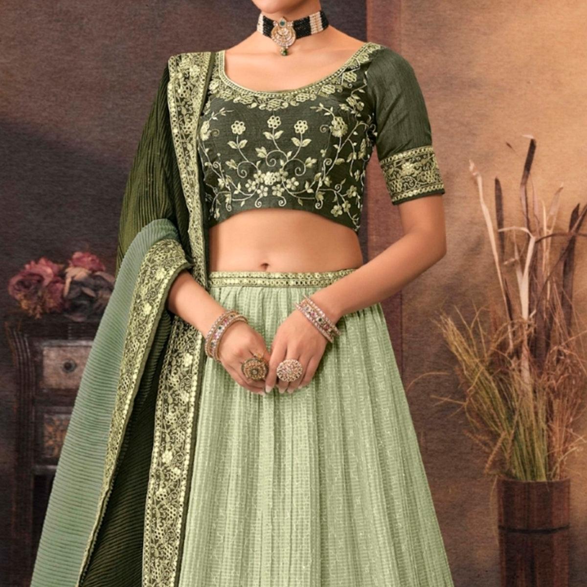 Pista Green Embroidered Chiffon Lehenga Choli - Peachmode