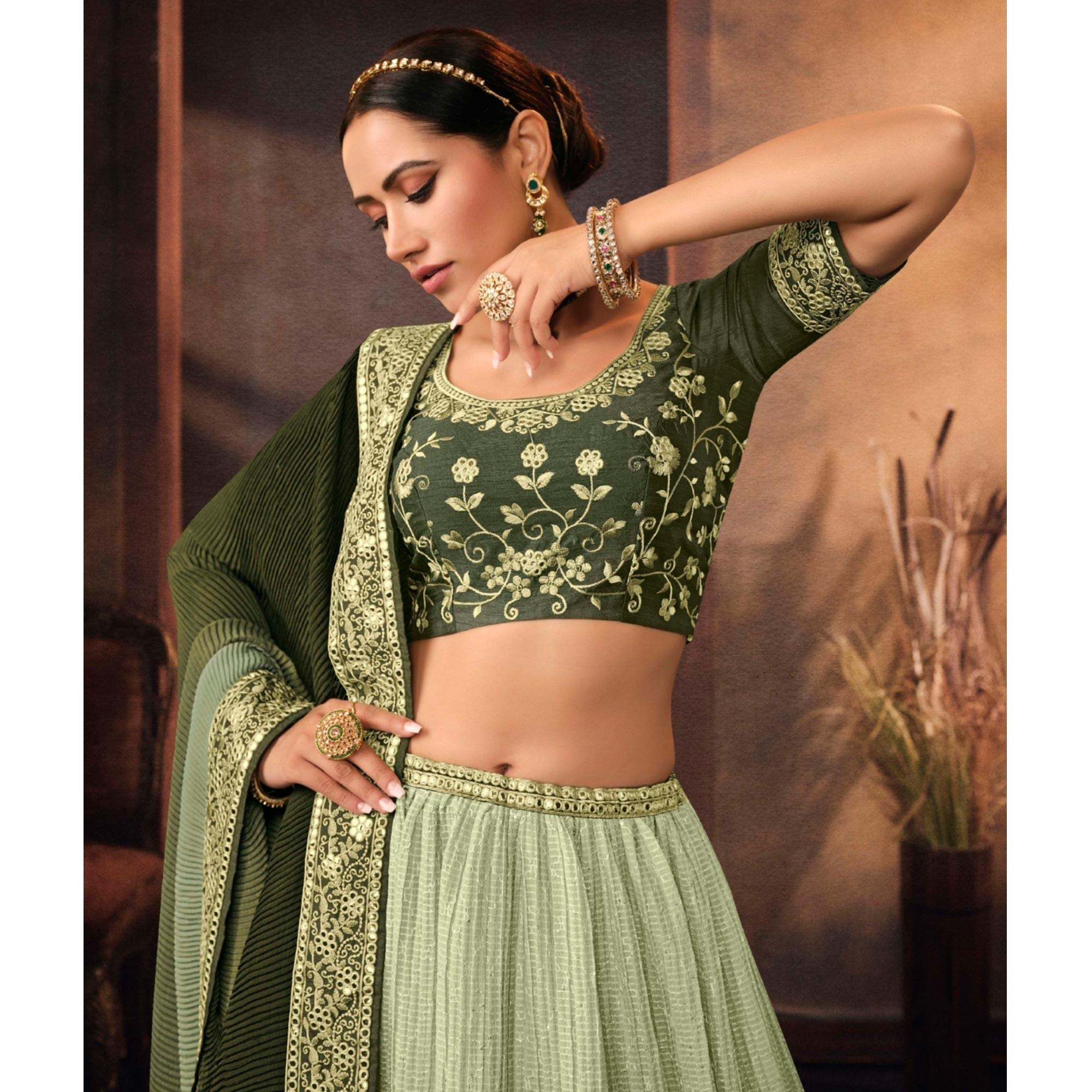 Pista Green Embroidered Chiffon Lehenga Choli - Peachmode