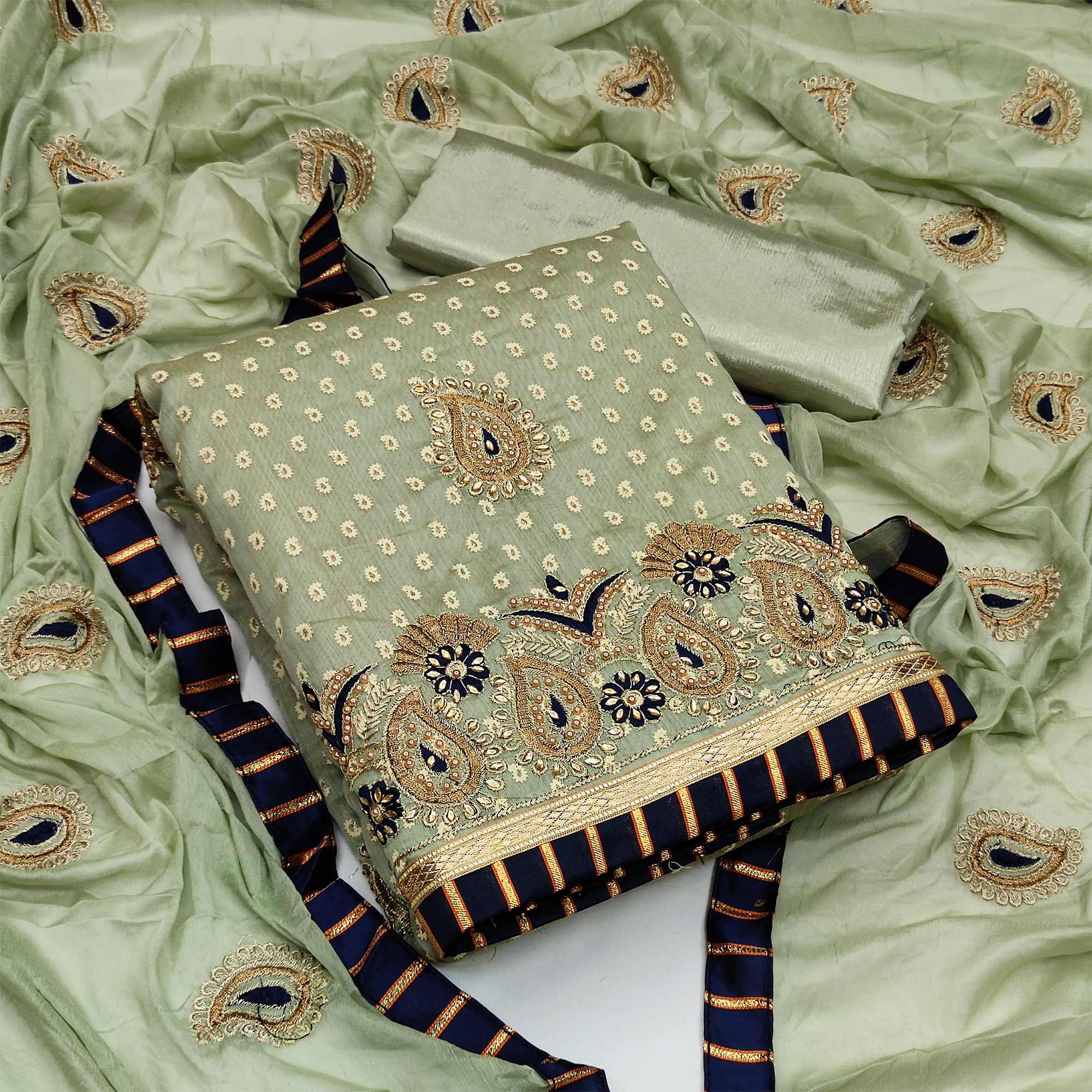 Pista Green Embroidered Fancy Fabric Dress Material - Peachmode