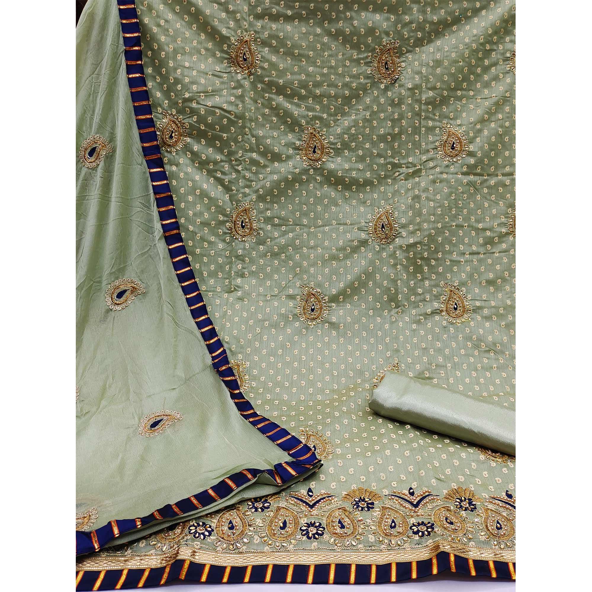Pista Green Embroidered Fancy Fabric Dress Material - Peachmode