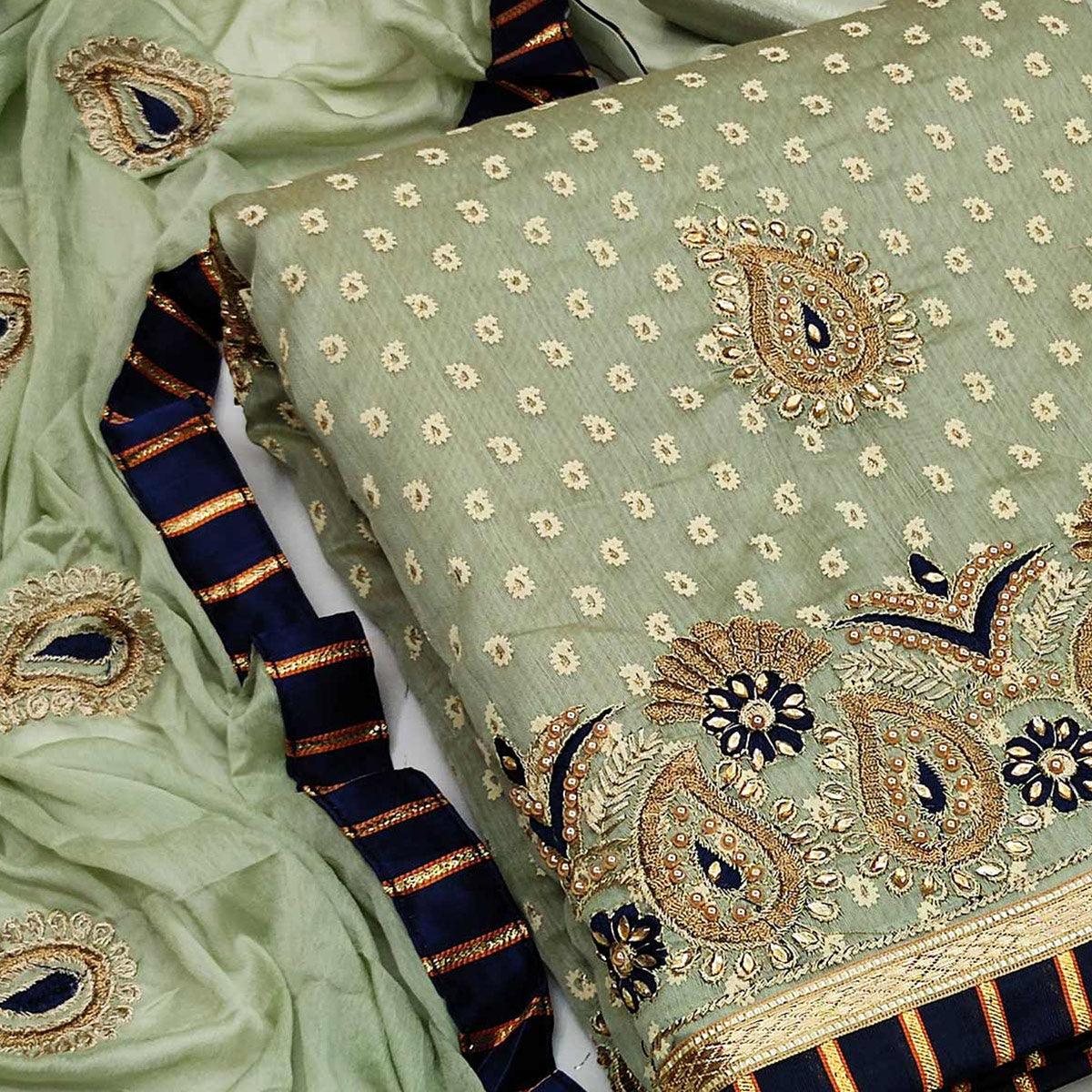 Pista Green Embroidered Fancy Fabric Dress Material - Peachmode