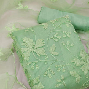 Pista Green Embroidered Organza Dress Material - Peachmode