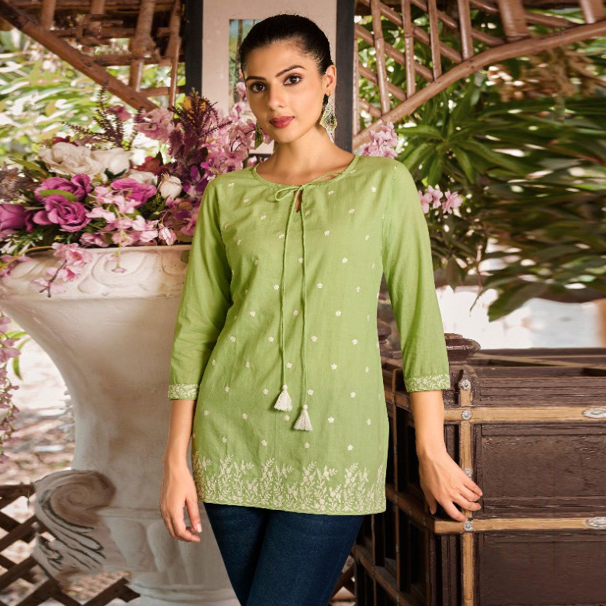 Pista Green Embroidered Pure Cotton Top - Peachmode