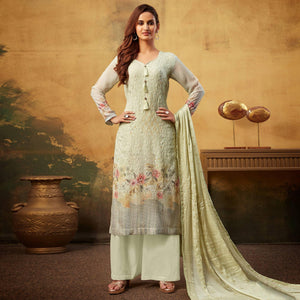 Pista green Embroidered With Digital Printed Georgette Palazzo Suit - Peachmode