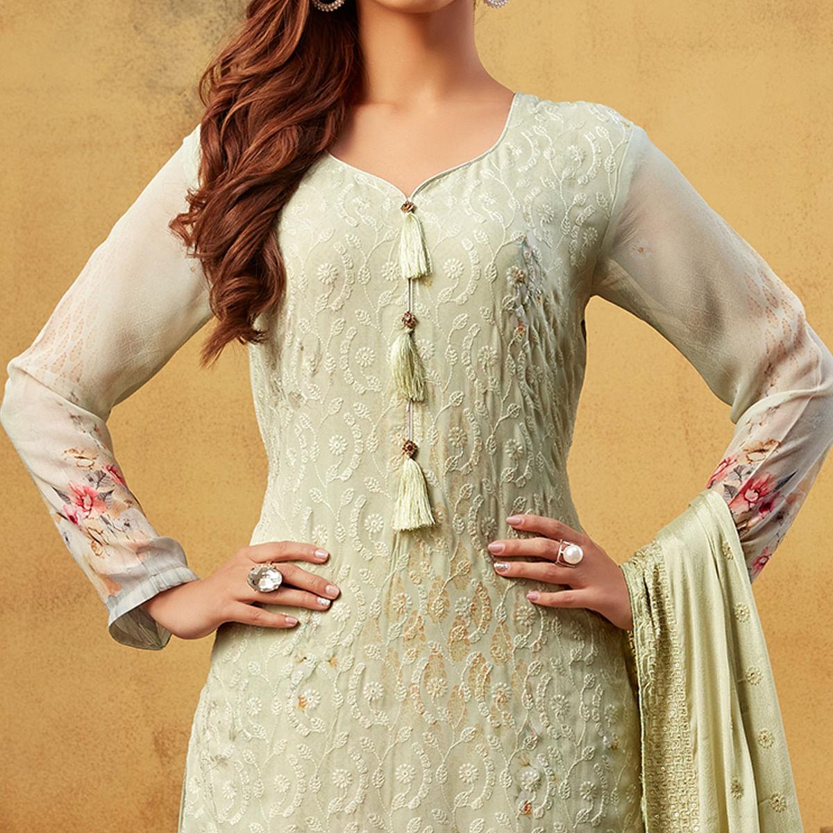 Pista green Embroidered With Digital Printed Georgette Palazzo Suit - Peachmode