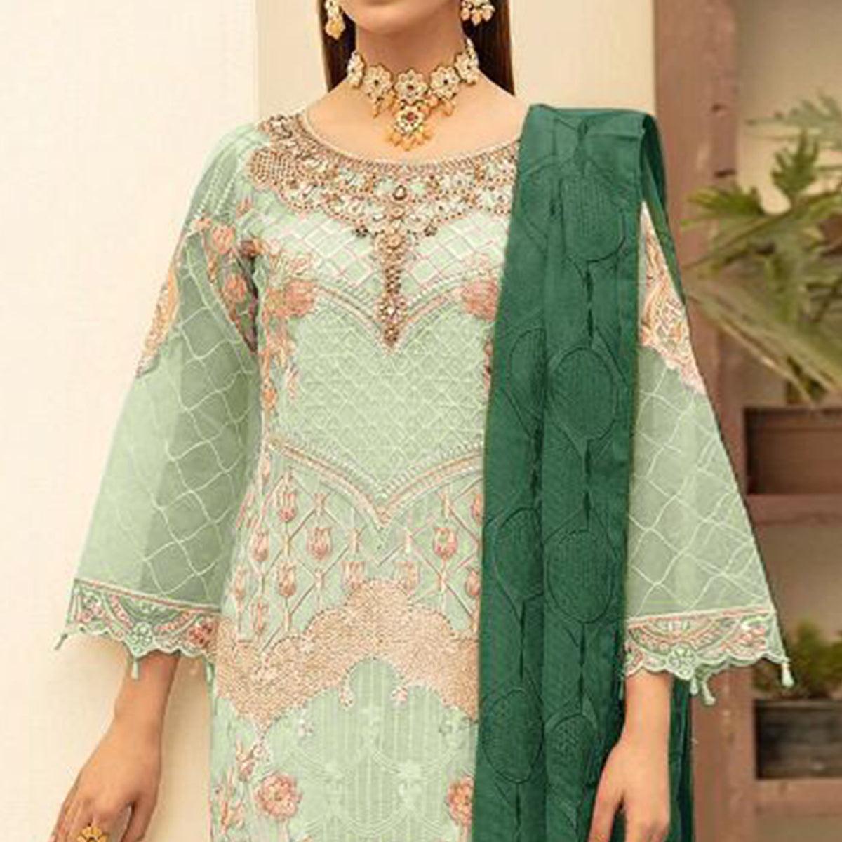 Pista Green Embroidered With Embellished Georgette Pakistani Suit - Peachmode