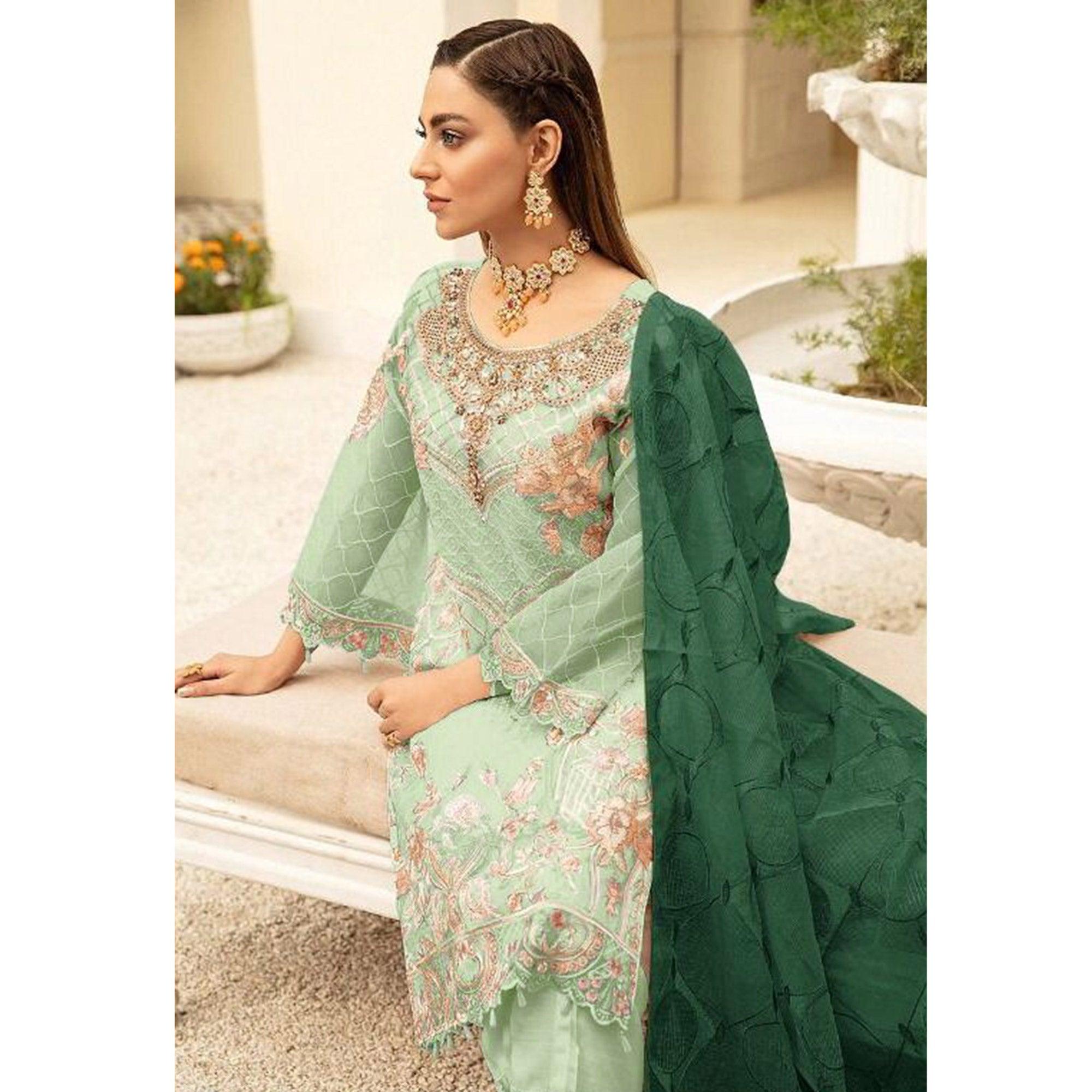 Pista Green Embroidered With Embellished Georgette Pakistani Suit - Peachmode