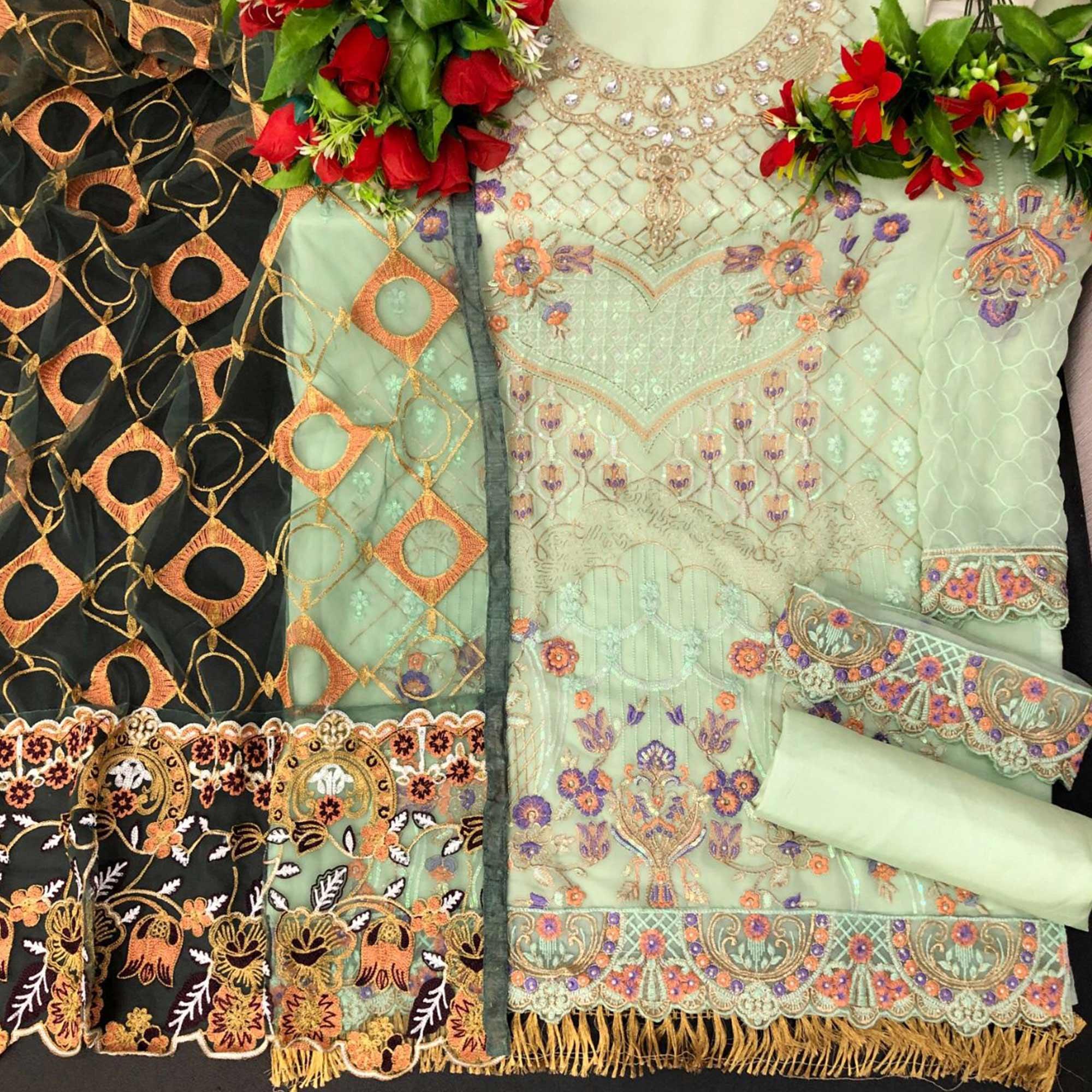 Pista Green Embroidered With Embellished Georgette Pakistani Suit - Peachmode