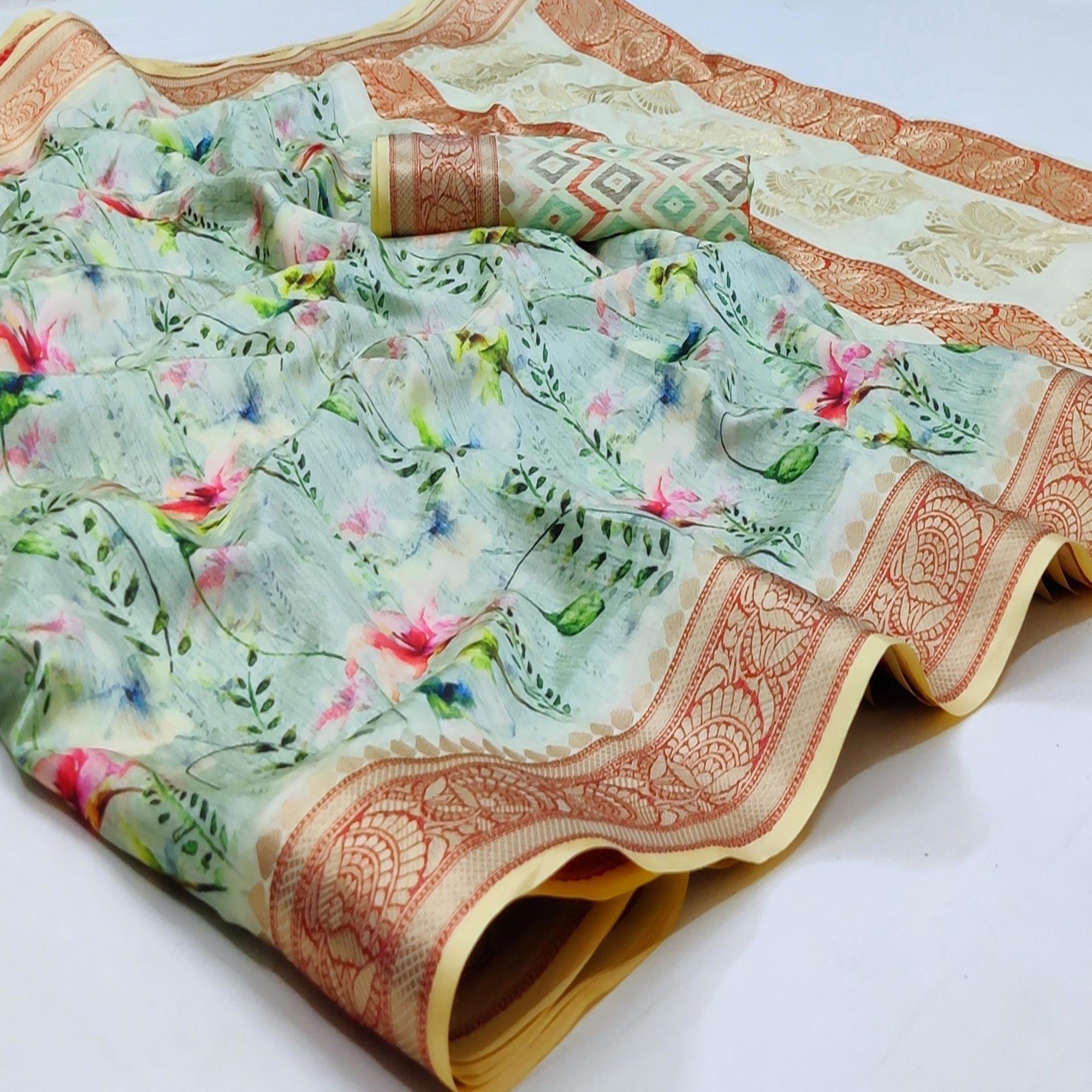 Pista Green Festive Wear Digital Printed Soft Silk Saree With Jacquard Border - Peachmode