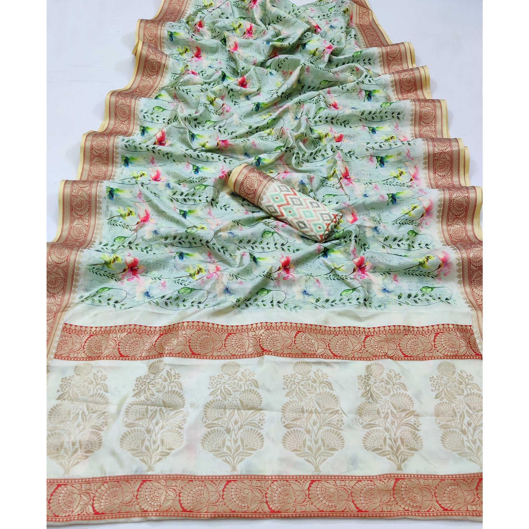 Pista Green Festive Wear Digital Printed Soft Silk Saree With Jacquard Border - Peachmode