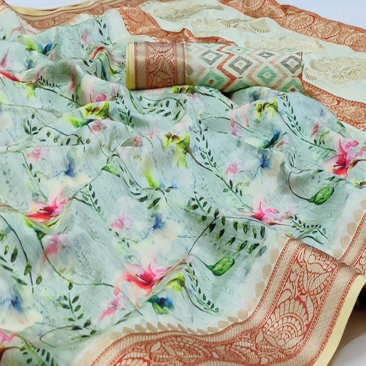 Pista Green Festive Wear Digital Printed Soft Silk Saree With Jacquard Border - Peachmode