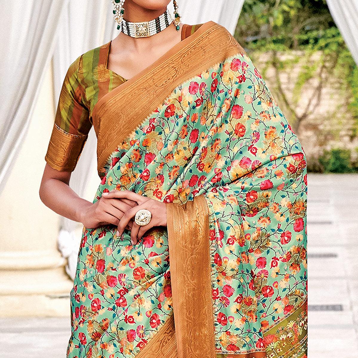 Pista Green Festive Wear Digital Printed Woven Silk Saree - Peachmode