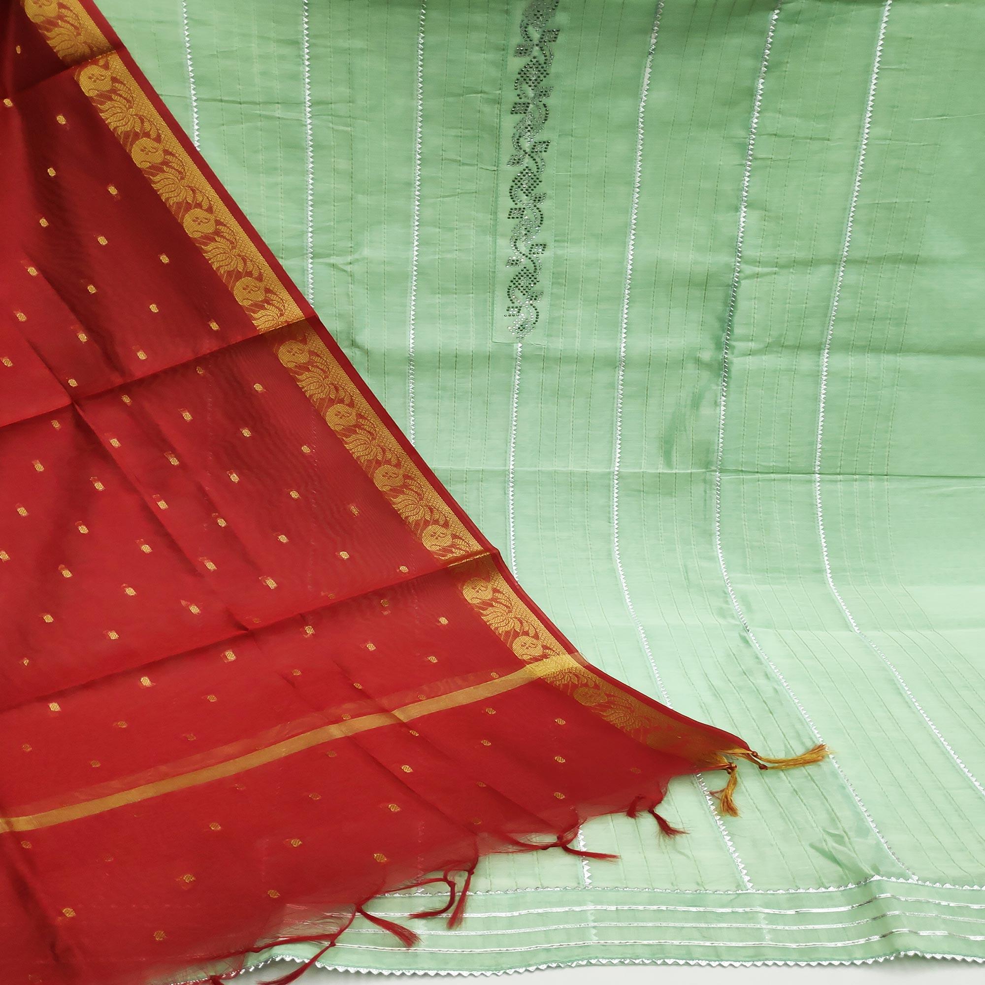 Pista Green Festive Wear Embellished With Gotta Work Chanderi Dress Material - Peachmode