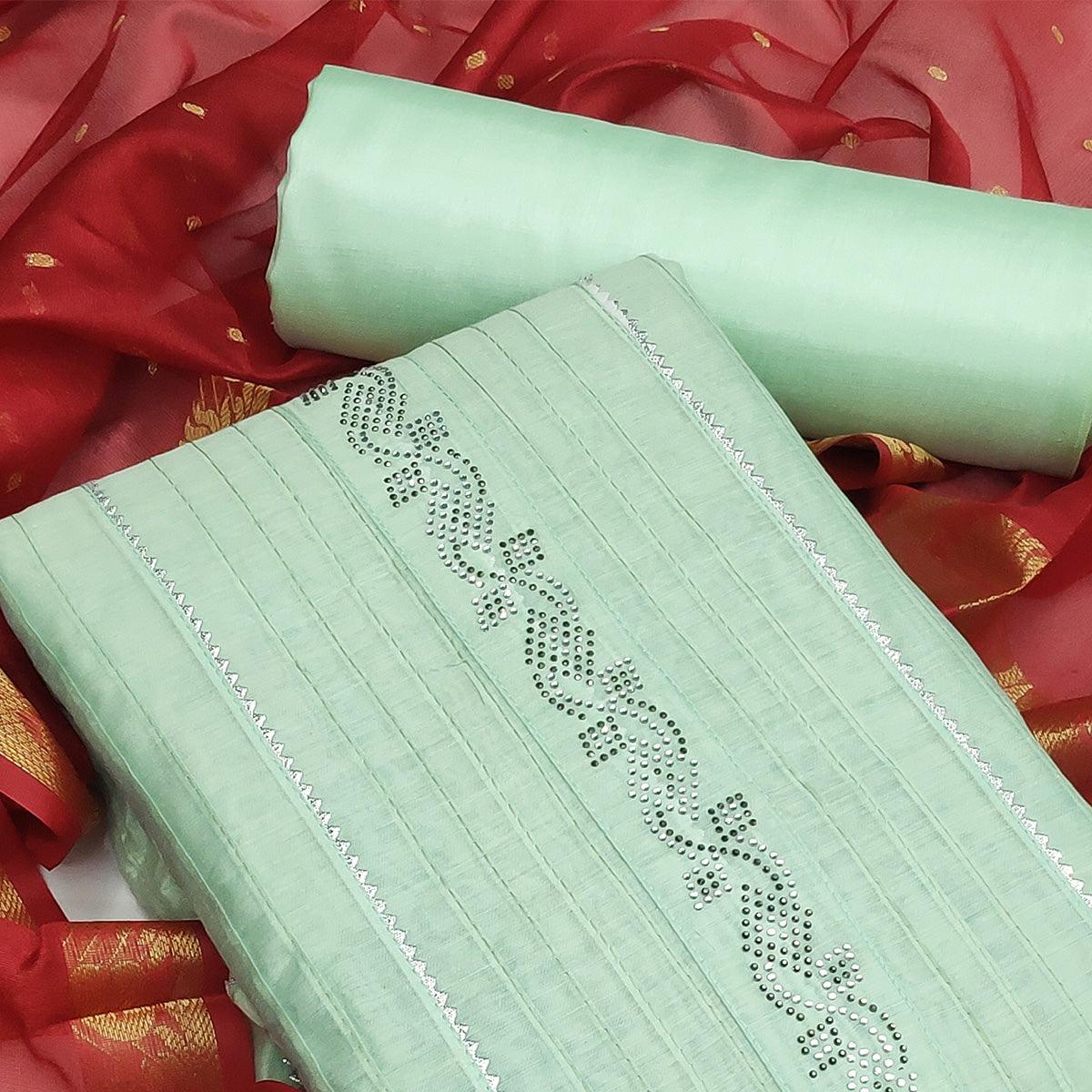 Pista Green Festive Wear Embellished With Gotta Work Chanderi Dress Material - Peachmode