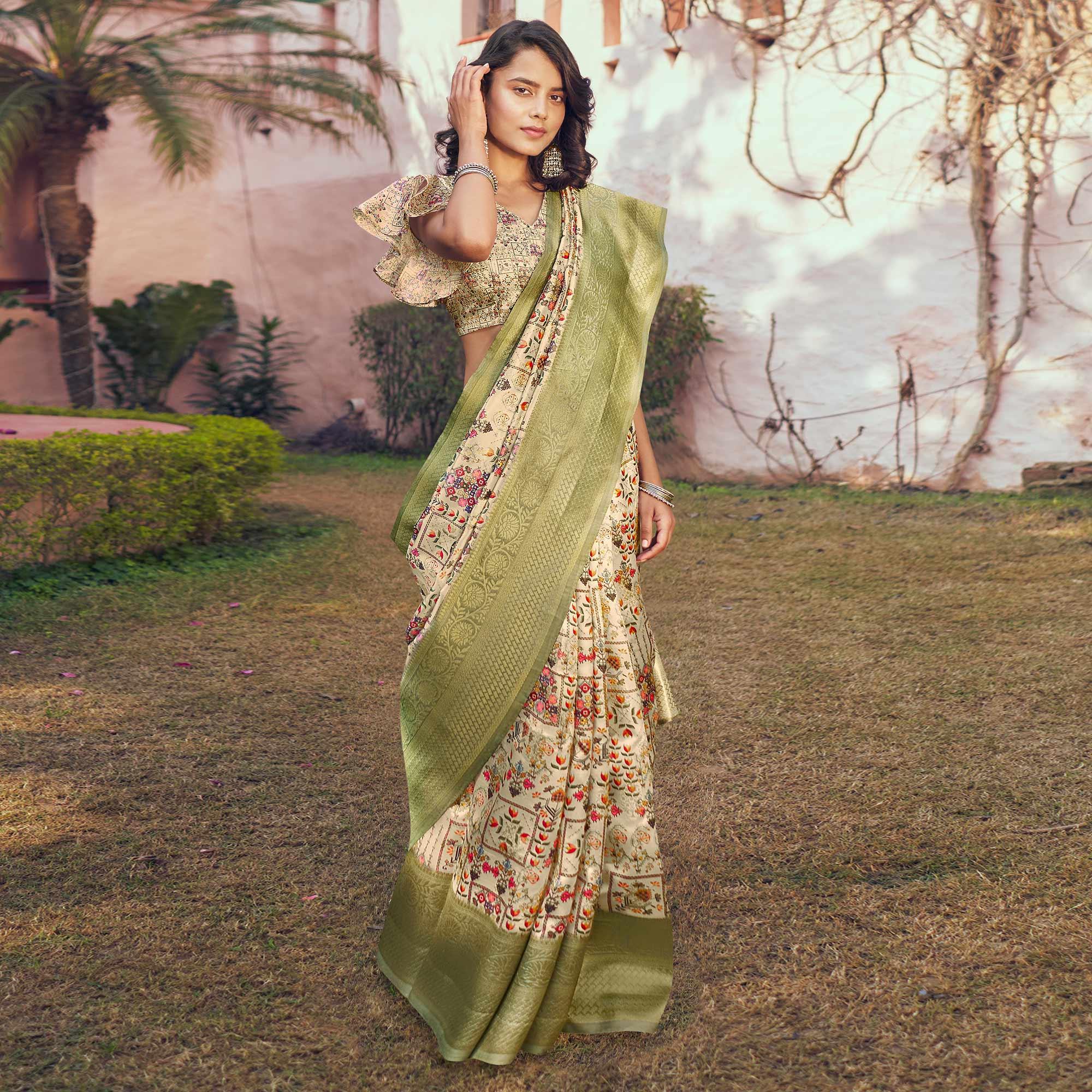 Pista Green Festive Wear Floral Digital Printed Woven Silk Saree - Peachmode