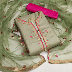 Pista Green Festive Wear Floral Embroidered Cotton Dress Material - Peachmode