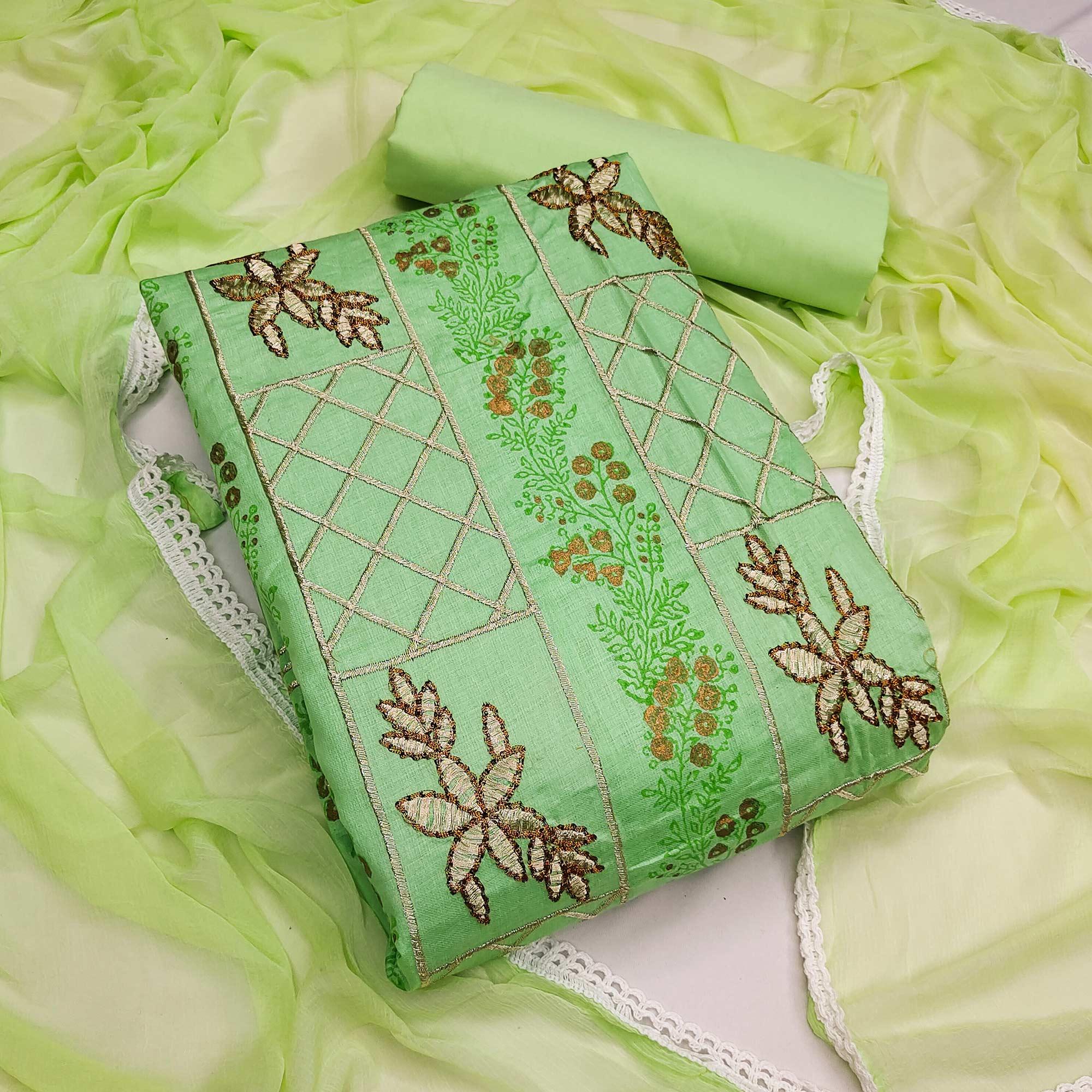 Pista Green Festive Wear Floral Embroidered Cotton Dress Material - Peachmode
