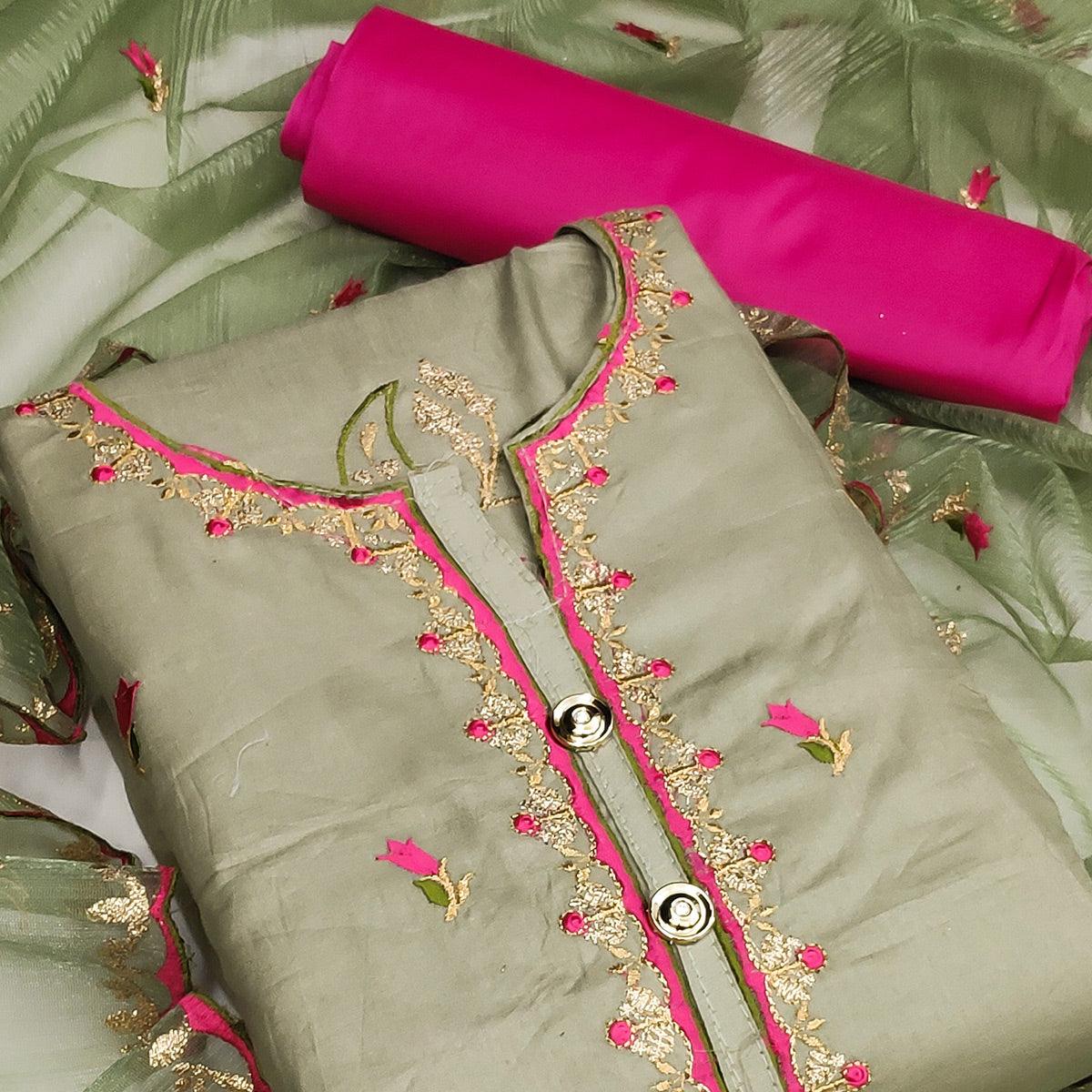 Pista Green Festive Wear Floral Embroidered Cotton Dress Material - Peachmode