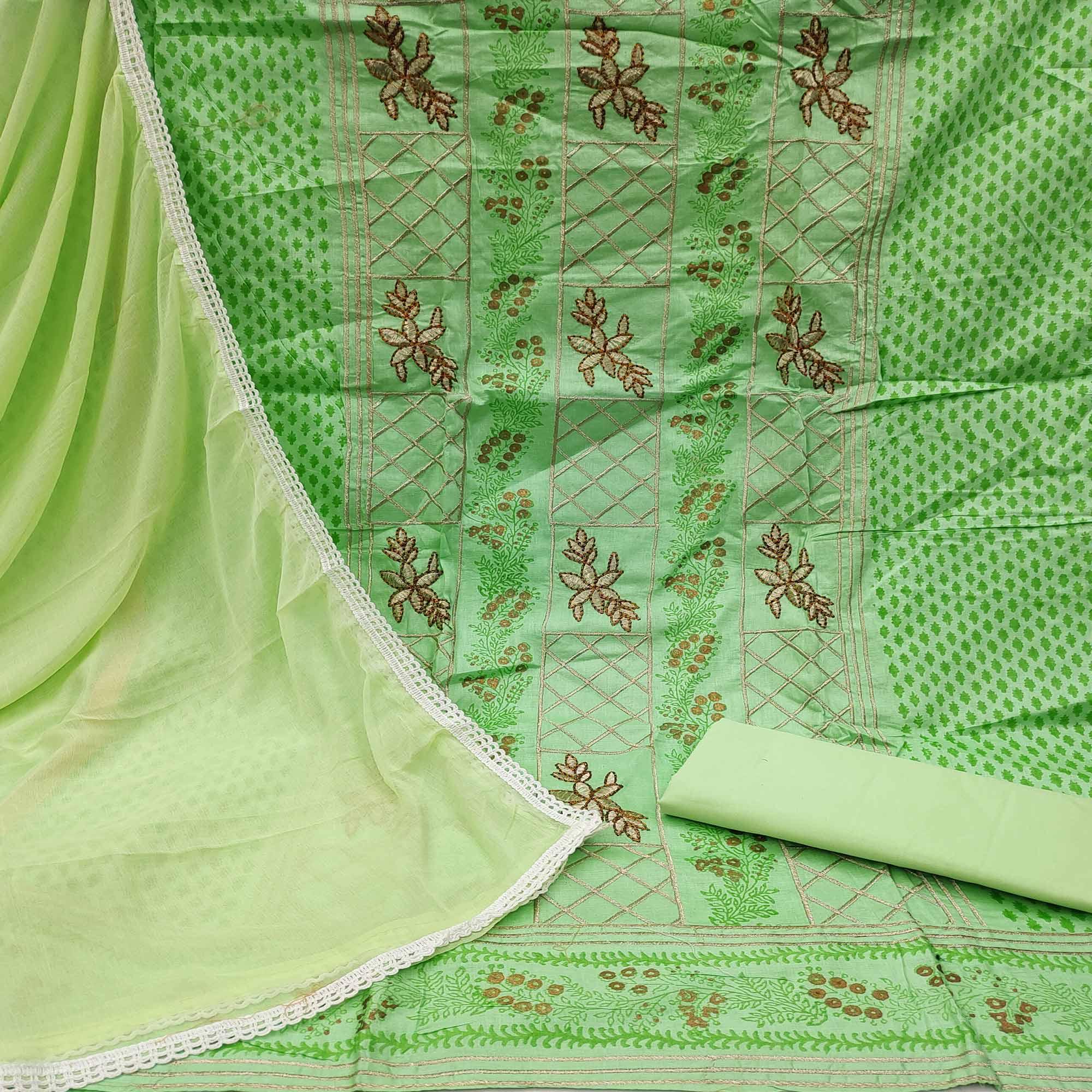 Pista Green Festive Wear Floral Embroidered Cotton Dress Material - Peachmode