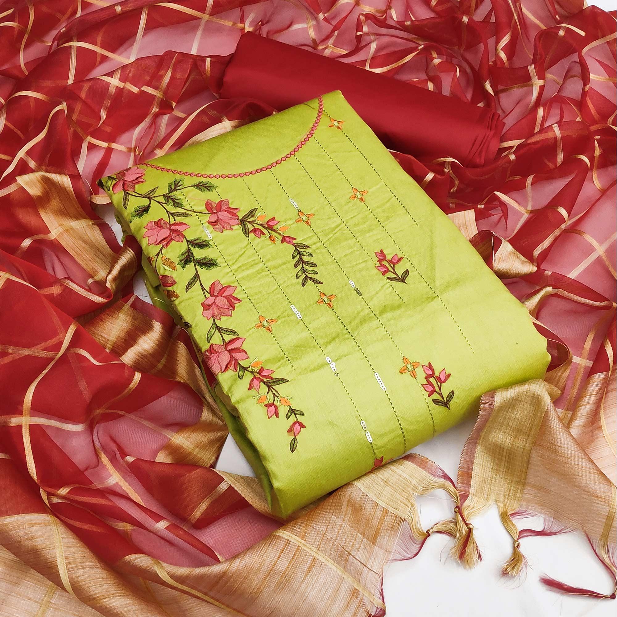 Pista Green Festive Wear Floral Embroidery With Sequence Cotton Dress Material - Peachmode