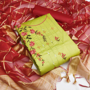 Pista Green Festive Wear Floral Embroidery With Sequence Cotton Dress Material - Peachmode