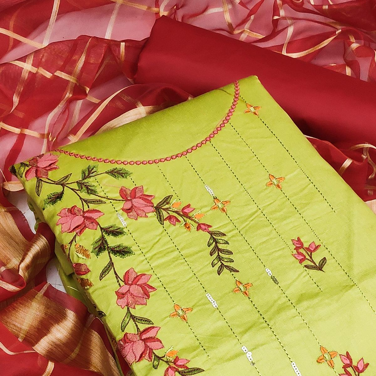 Pista Green Festive Wear Floral Embroidery With Sequence Cotton Dress Material - Peachmode