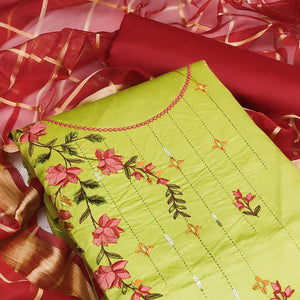 Pista Green Festive Wear Floral Embroidery With Sequence Cotton Dress Material - Peachmode