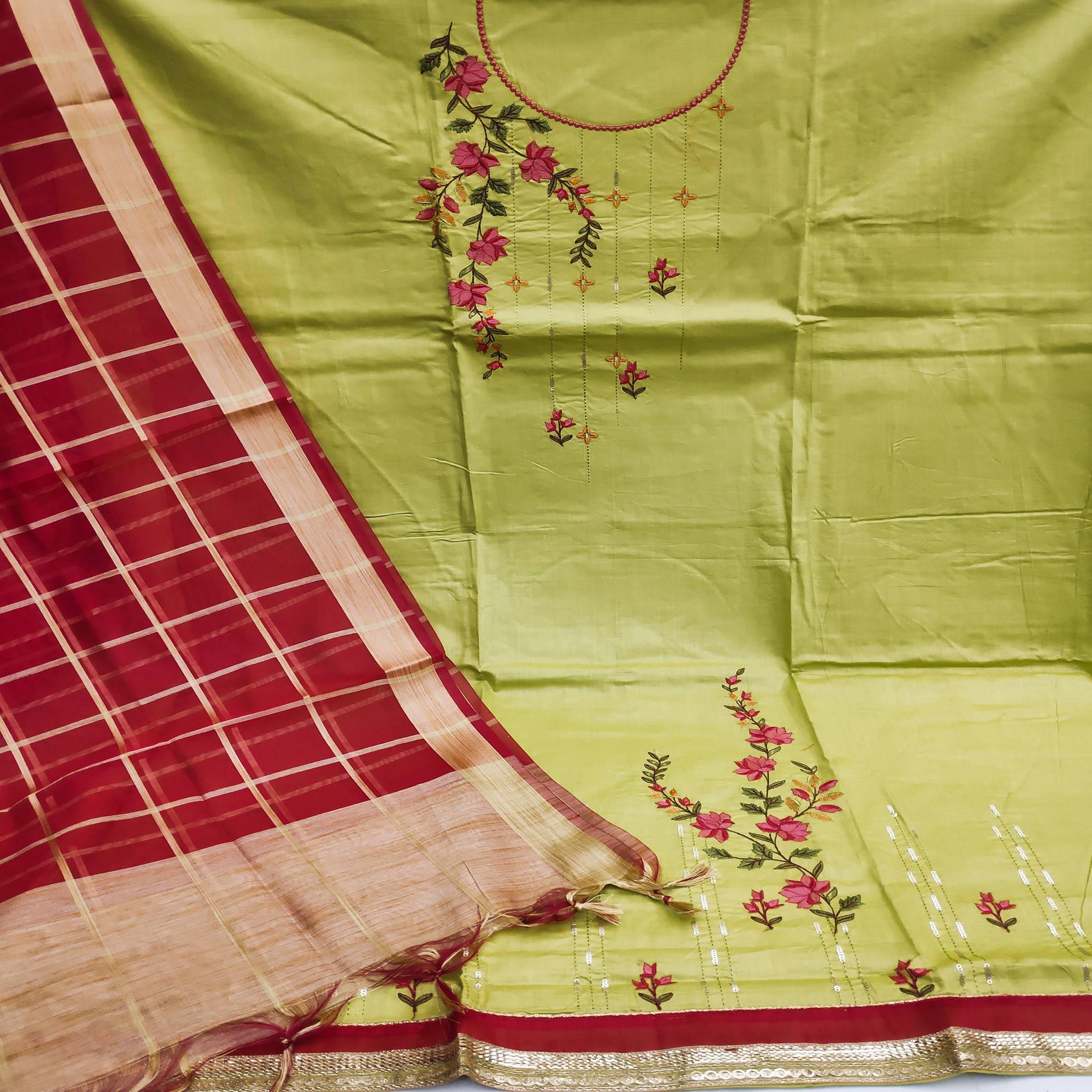 Pista Green Festive Wear Floral Embroidery With Sequence Cotton Dress Material - Peachmode