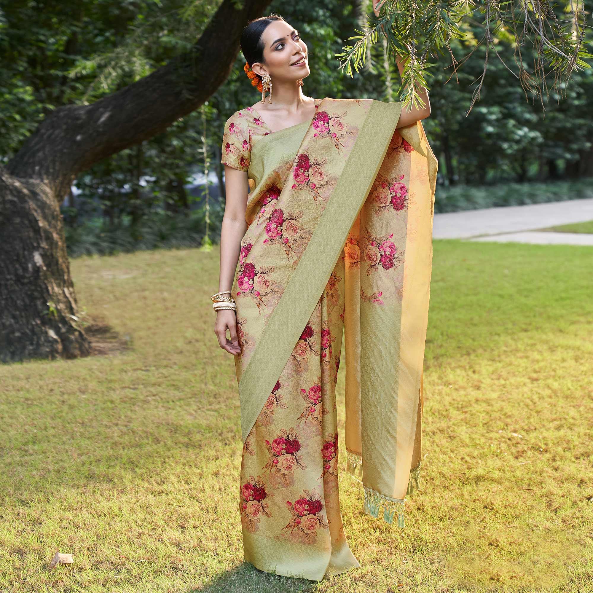 Pista green Festive Wear Floral Printed Silk Saree With Woven Border - Peachmode