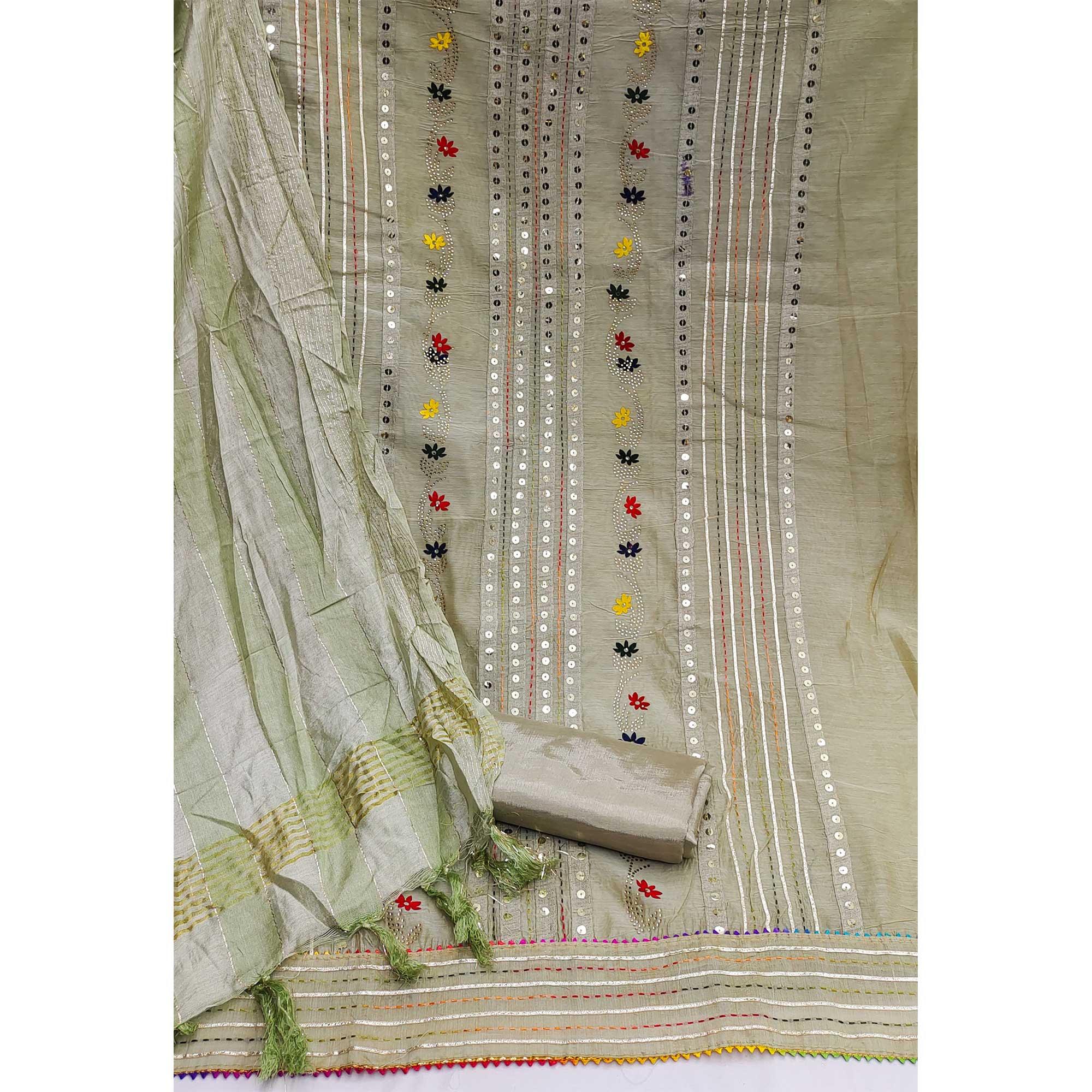 Pista Green Festive Wear Floral Sequecne Embroidered Chanderi Dress Material - Peachmode
