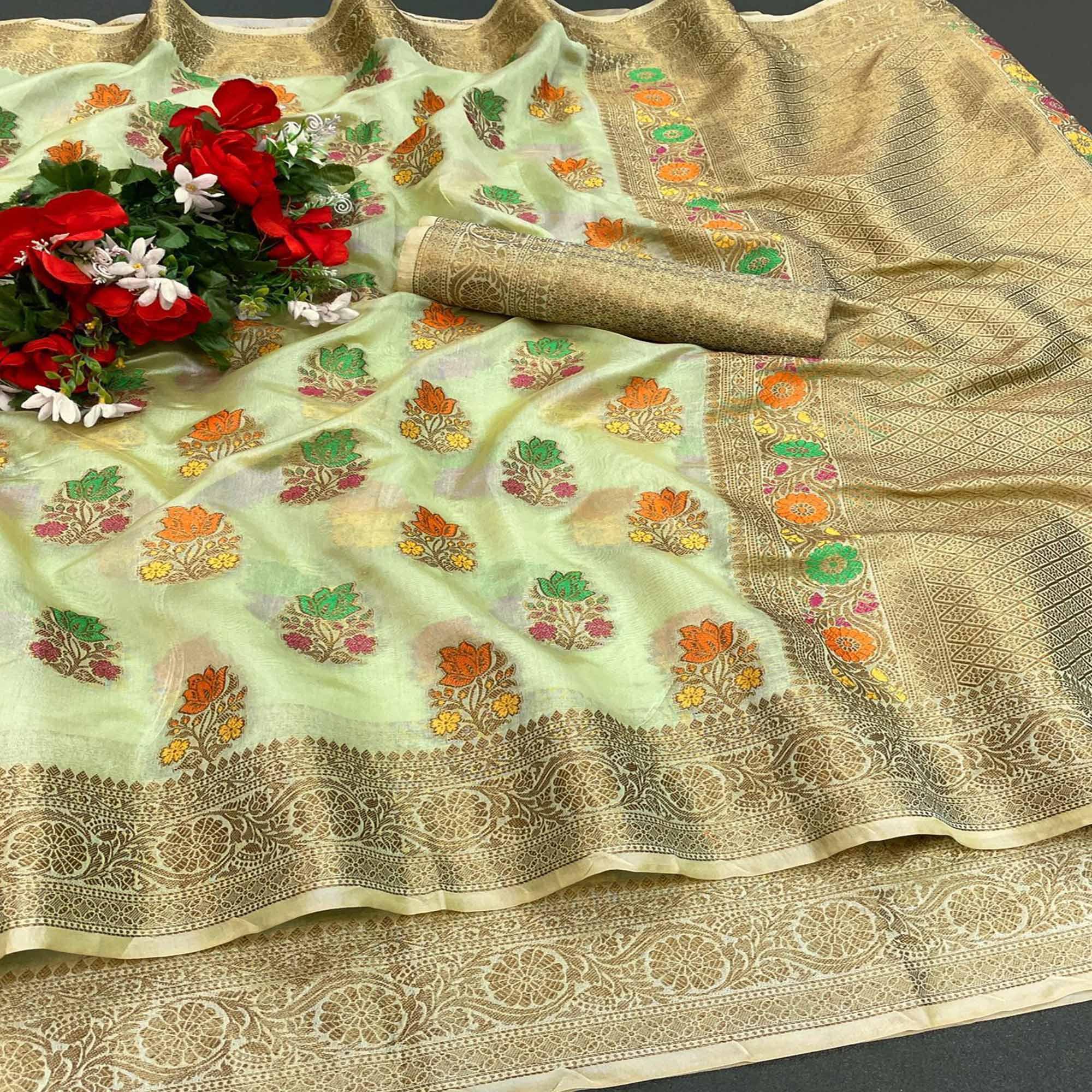 Pista Green Festive Wear Floral Woven Pure Soft Organza Saree - Peachmode