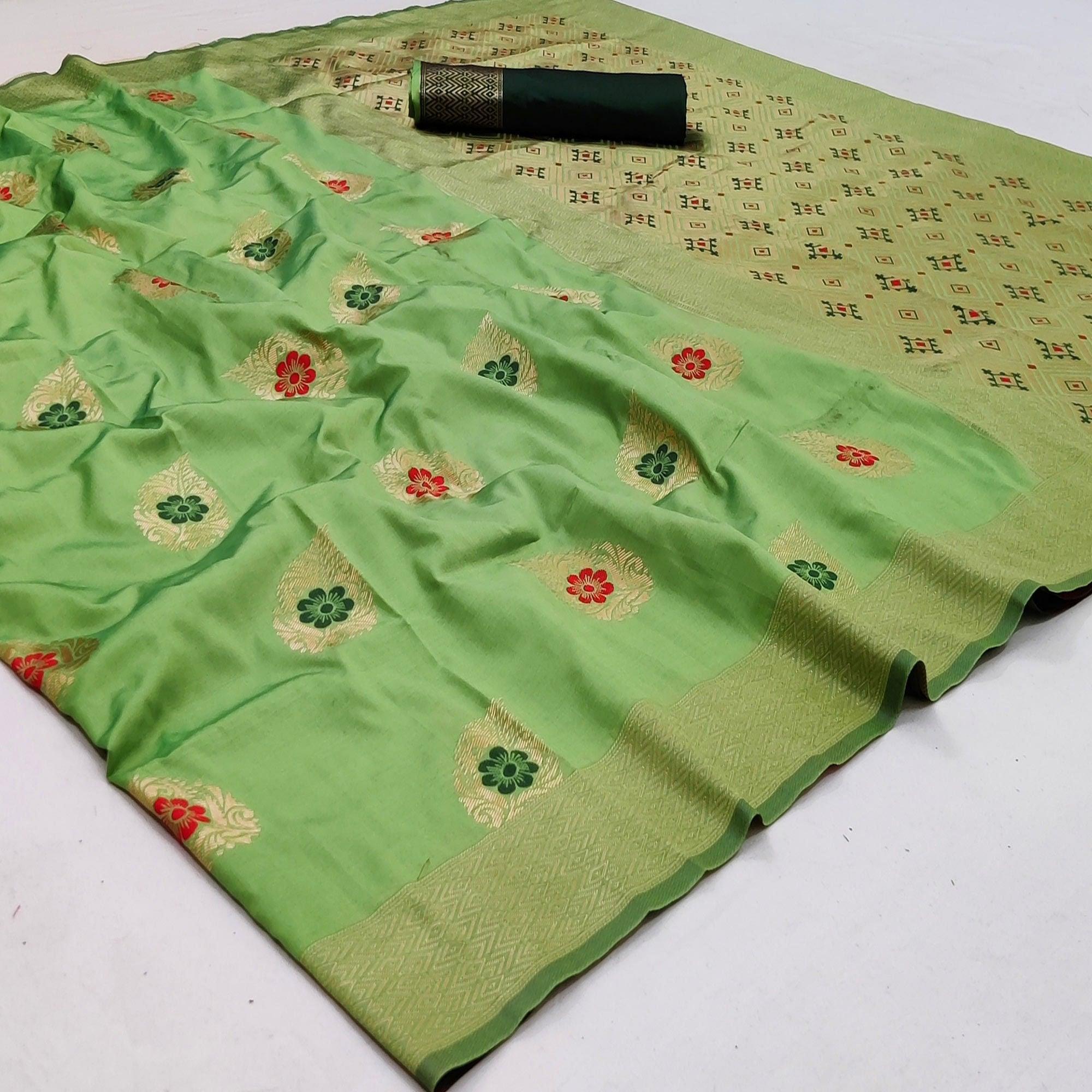 Pista Green Festive Wear Floral Woven Soft Silk Banarasi Saree - Peachmode